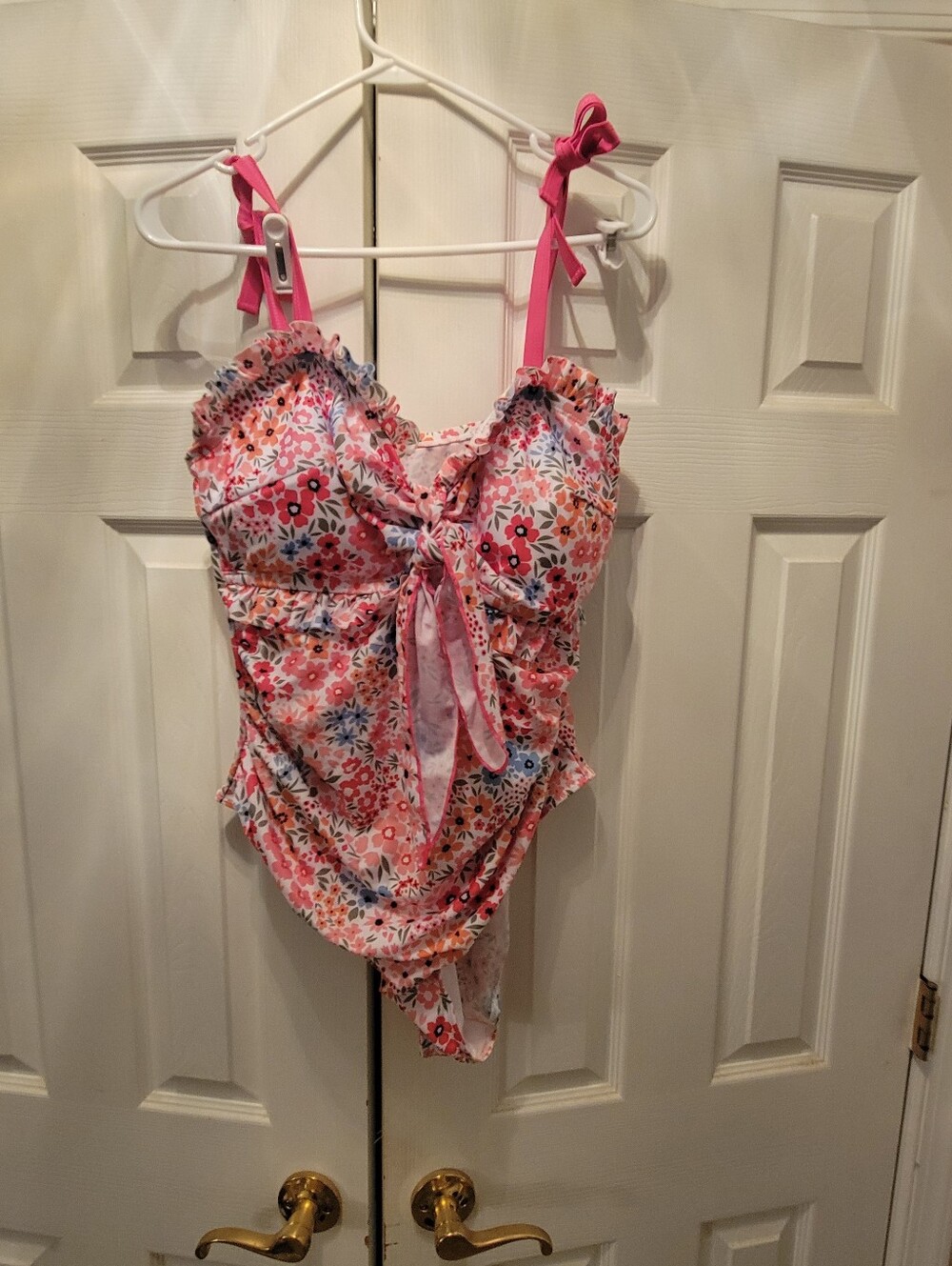 Womens Pink Floral One-Piece Swimsuit with Tie Front
